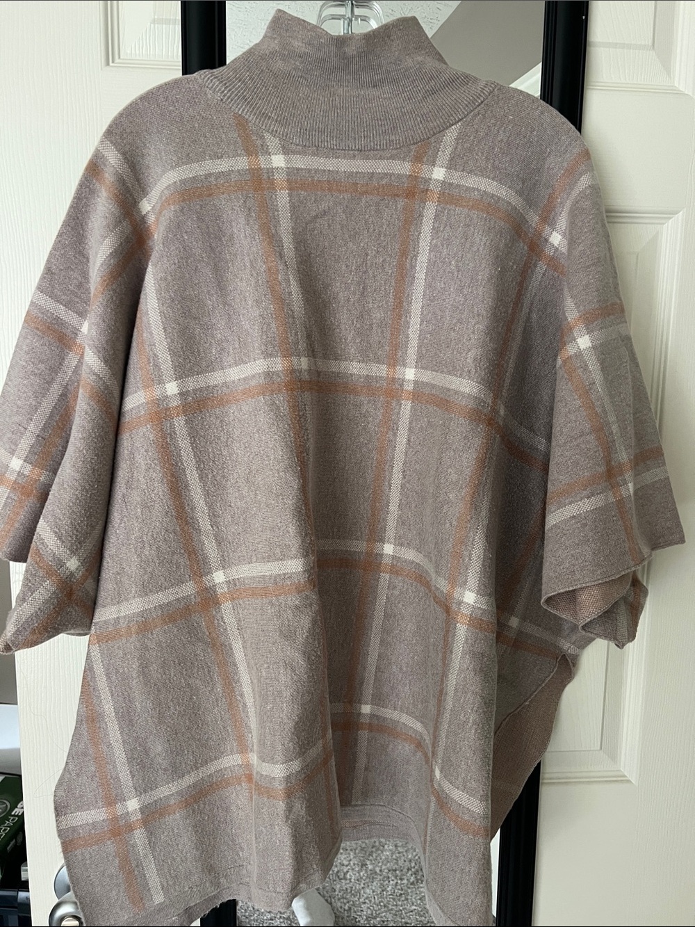 Max Studio Taupe Plaid Funnel Neck Poncho